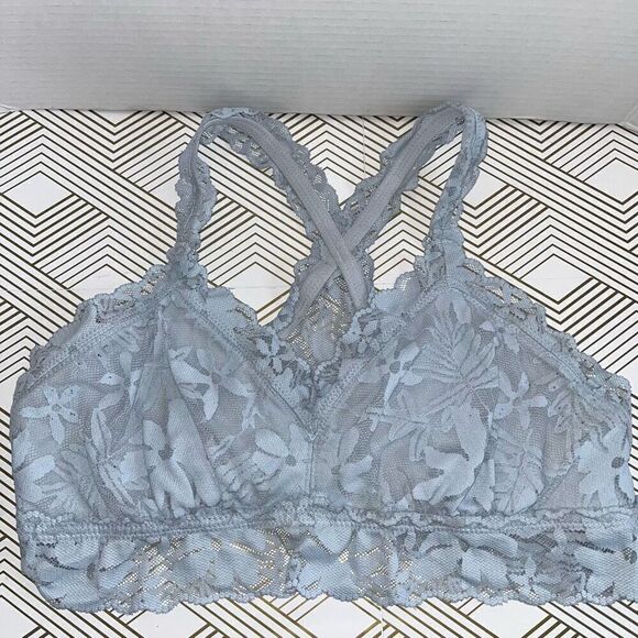 Aerie Womens Bralette‎ Sz XL Blue Floral Lace Crossback Pullover Non-Wire - Picture 1 of 4